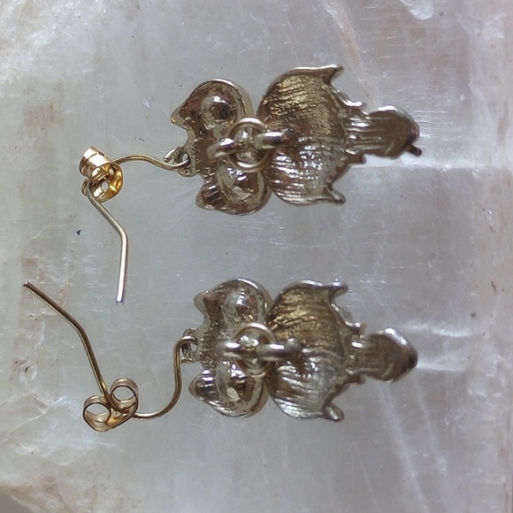 BETSEY JOHNSON OWLS  DANGLE EARRINGS GOLD TONE RHINESTONES - Picture 5 of 5